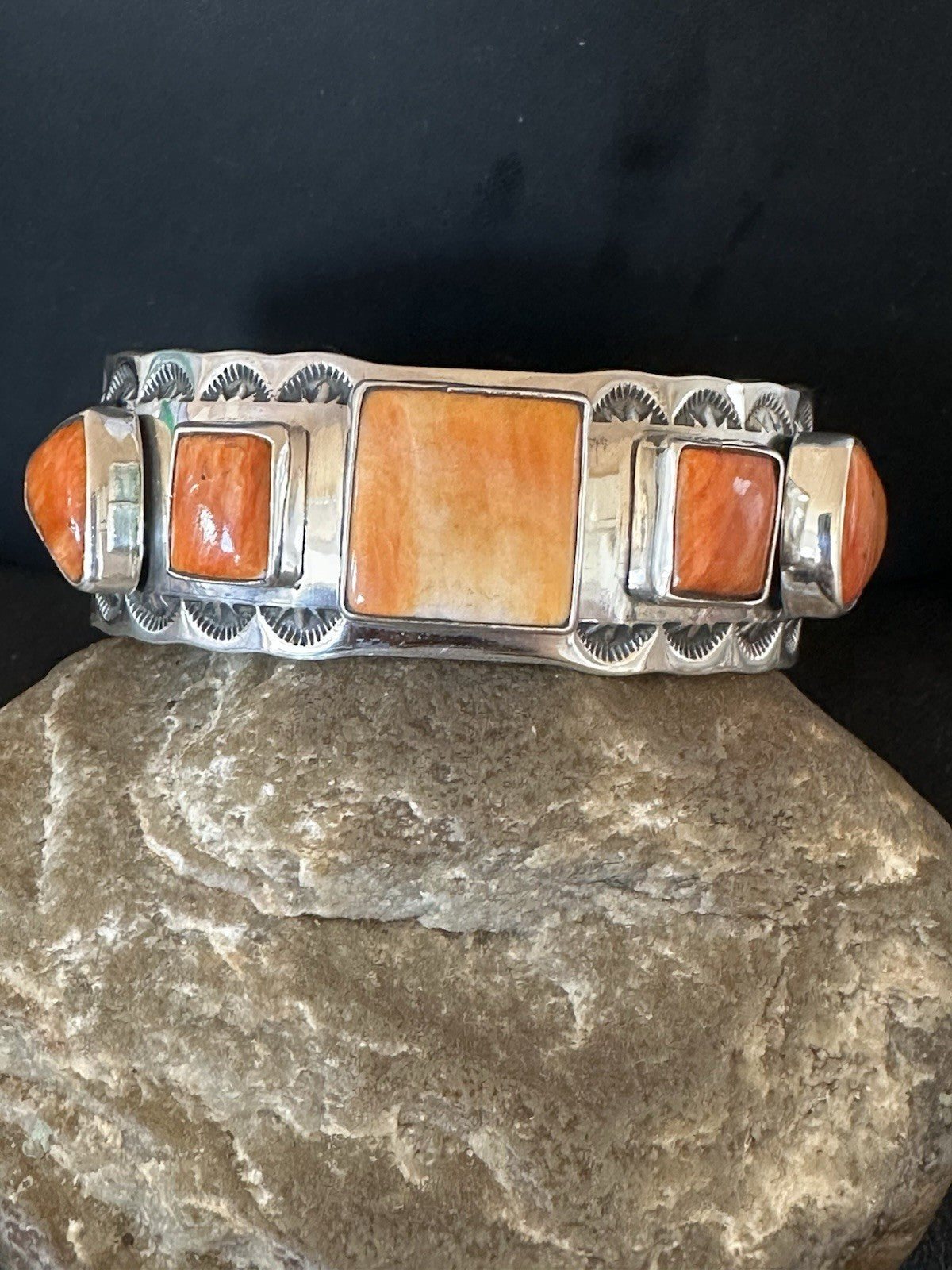 Orange Spiny Oyster 5 Stone Row Sterling Silver Navajo Cuff Bracelet 7.7" 19477