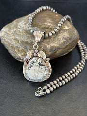 Men's White Buffalo Turquoise Pendant Beads Necklace | Sterling Silver | Authentic Native American Handmade | 18311