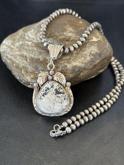 Mens White Buffalo Turquoise Pendant Sterling Silver Beads Necklace 18311
