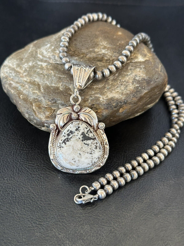 Men's White Buffalo Turquoise Pendant Beads Necklace | Sterling Silver | Authentic Native American Handmade | 18311