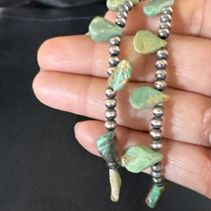 Navajo Sterling Silver Beads Green Turquoise Teardrop Bracelet 2S 7.5" 15259