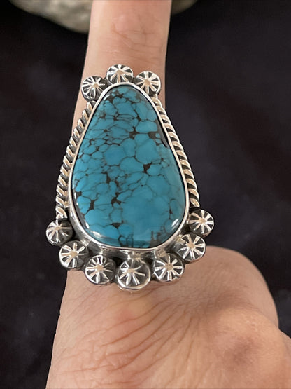 Blue Spiderweb Turquoise Navajo Sterling Silver Ring Size 10 14849