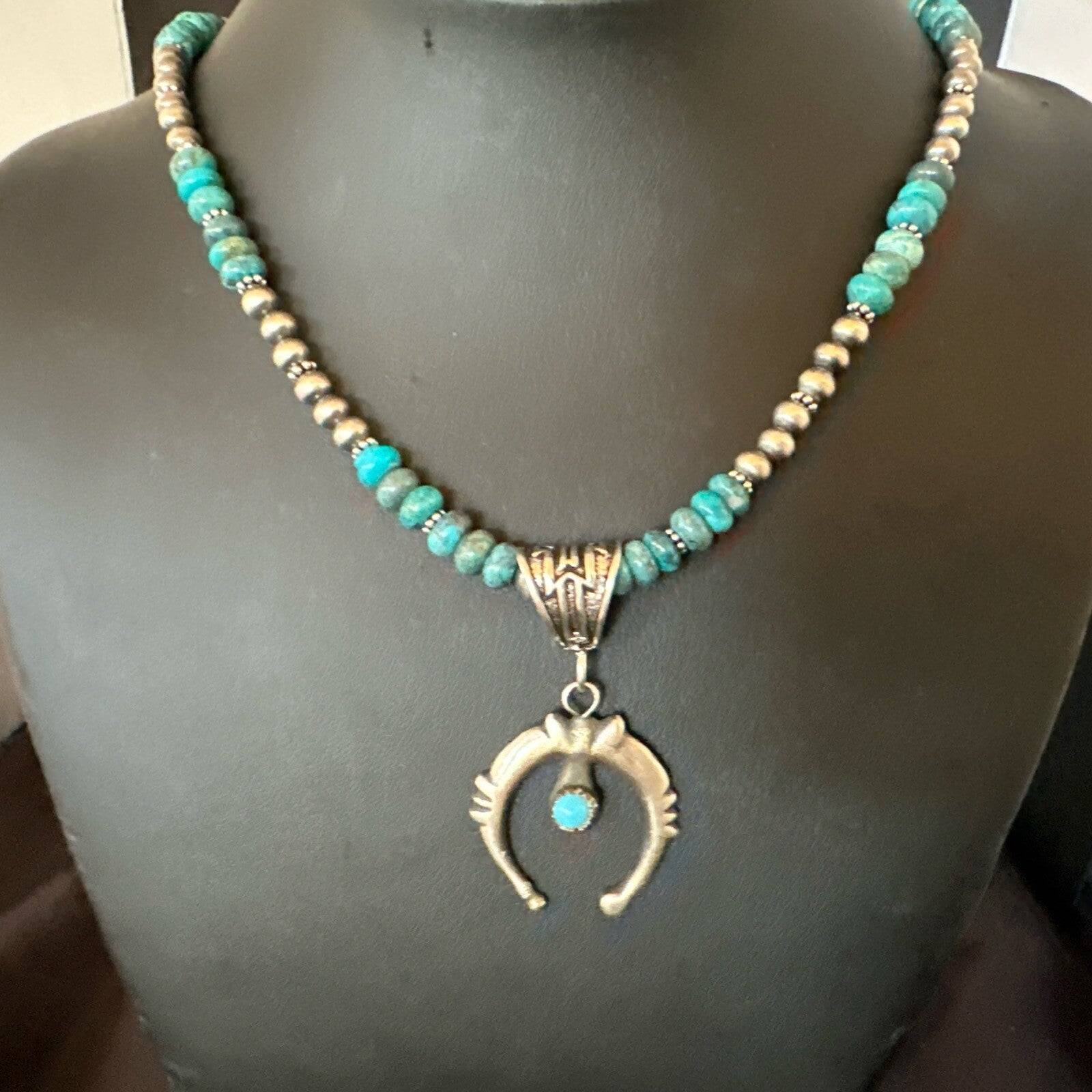 Blue Turquoise Naja Pendant 6mm Beads Navajo Sterling Silver Necklace 21" 18674