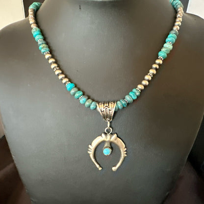 Blue Turquoise Naja Pendant 6mm Beads Navajo Sterling Silver Necklace 21" 18674