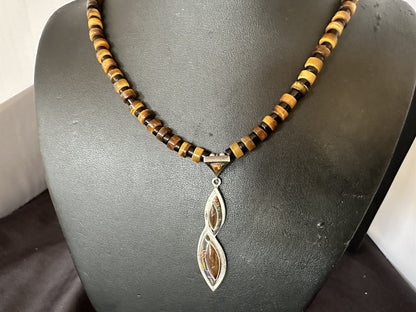 Coffee Tigers Eye Amber Opal Onyx Heishi Sterling Silver Pendant Necklace 18343