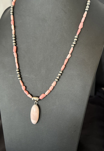 Southwestern Sterling Silver Pink Coral Bead Necklace Quartz Pendant 24" 19585