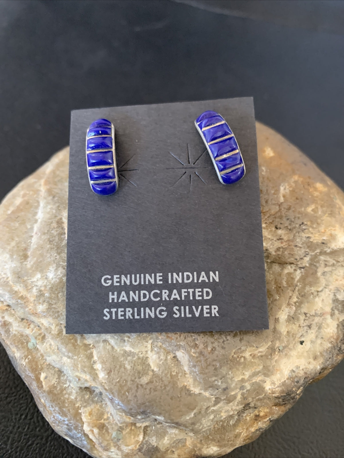 Blue Lapis Sterling Silver Multi-Stone Post Stud Inlay Earrings 0.5" 12708