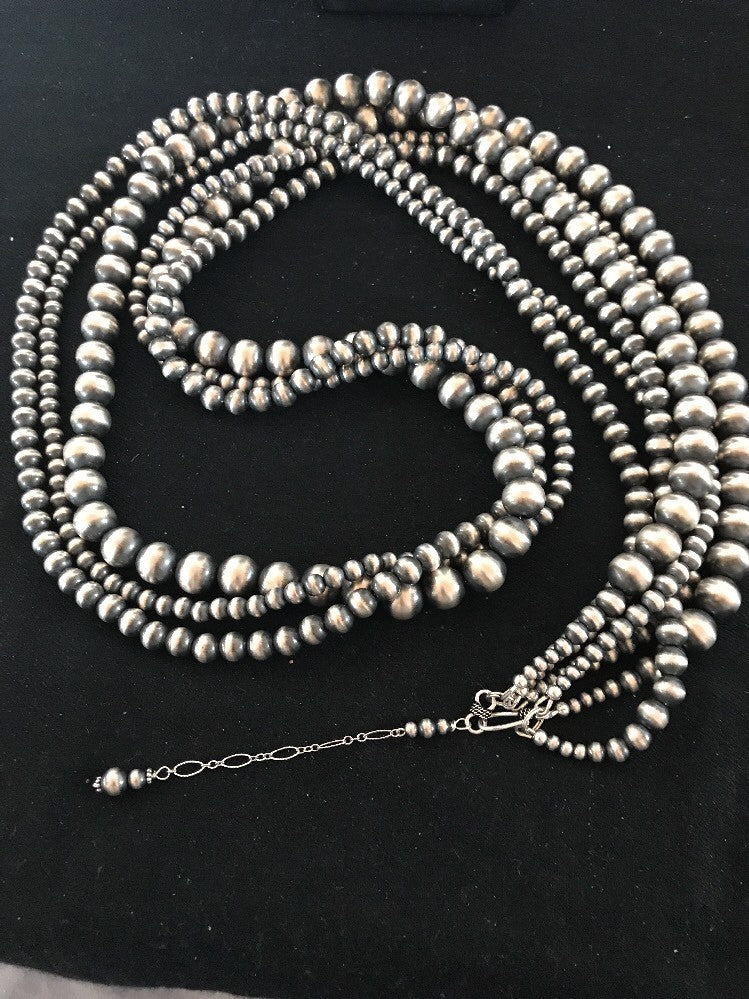 Native American Navajo Pearls Sterling Silver Bead Necklace 60” Long 3 Strands