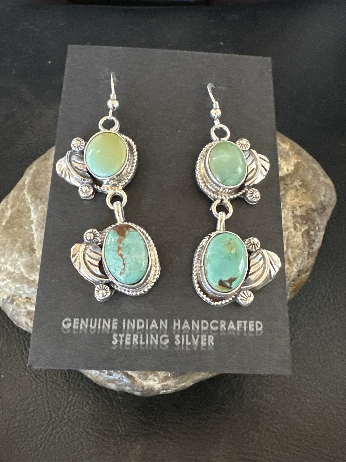 Native Navajo Green Turquoise Sterling Silver Dangle Earrings 2” 17911