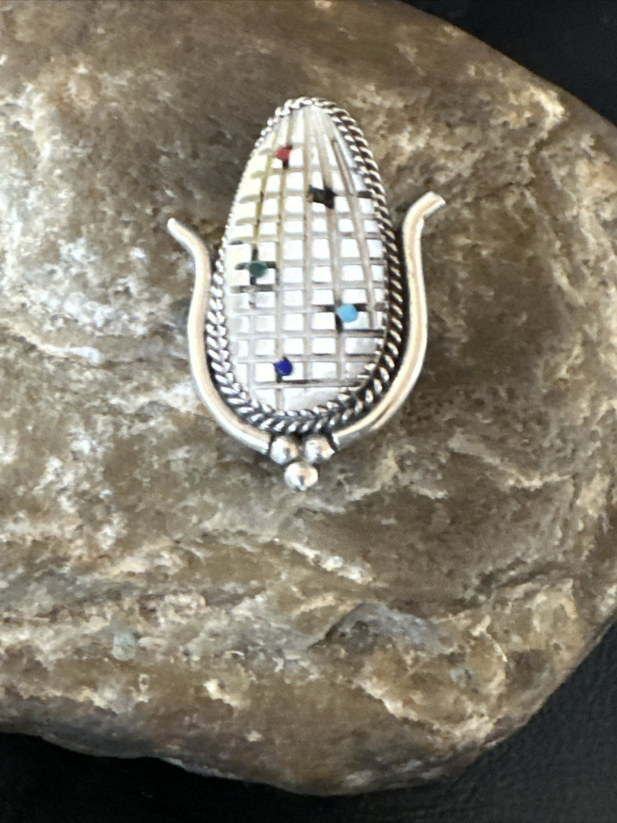 CORN INLAY Turquoise White MOP Spiny Zuni Sterling Silver Pin Pendant 17849
