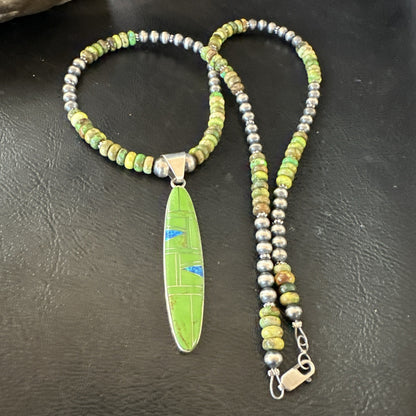 Womens Green Gaspeite Turquoise Opal Pendant Sterling Silver Necklace 19549