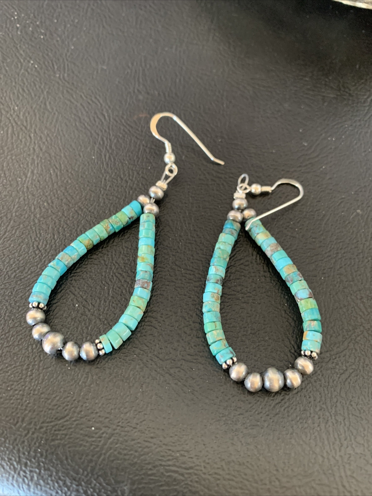 Blue Turquoise Heishi Sterling Silver Navajo Beads Earrings 2" 13043