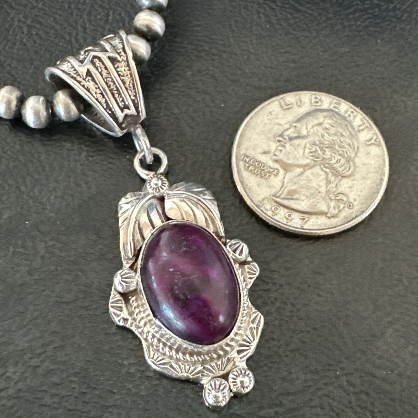 Purple Stone Pendant Navajo Pearls Sterling Silver Necklace 20” 18047