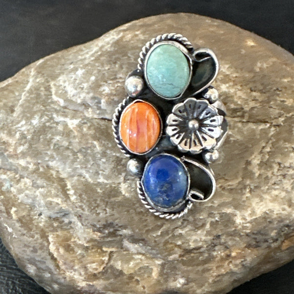 Yazzie Ring Turquoise Lapis Spiny Navajo Cluster Sz 8.5 | Sterling Silver | Authentic Native American Handmade | 19315