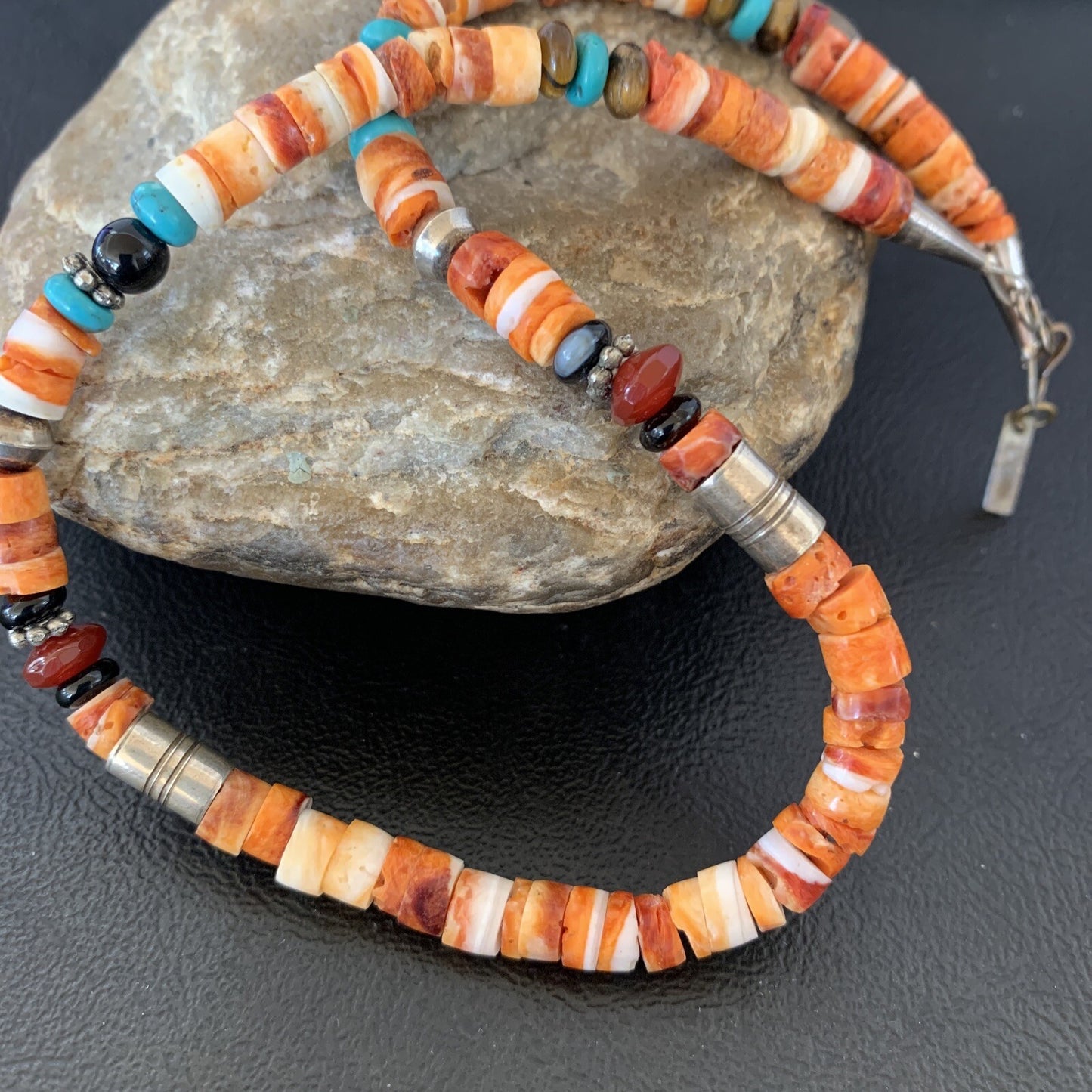 Turquoise Spiny Oyster & Coral Beads Sterling Silver Gold Necklace 10394