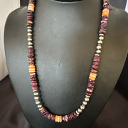 Navajo Necklace Purple Orange Spiny Oyster 20" | Sterling Silver | Authentic Native American Handmade | 17702