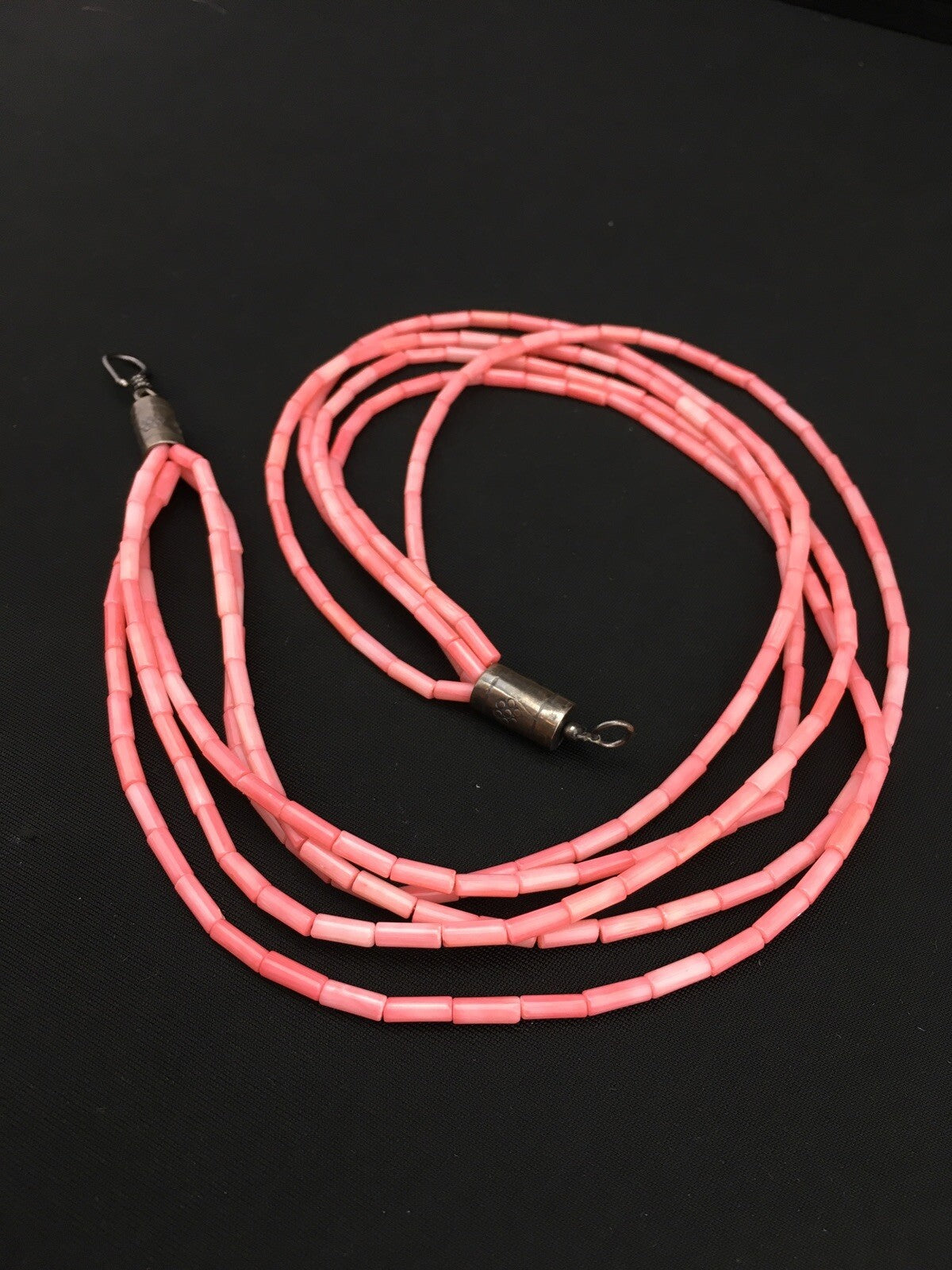 Pink Coral Tube Heishi Bead 5 Strand Navajo Sterling Silver Necklace 19" 1102