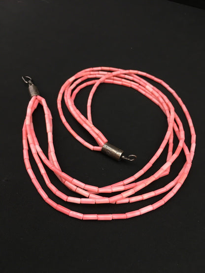 Pink Coral Tube Heishi Bead 5 Strand Navajo Sterling Silver Necklace 19" 1102