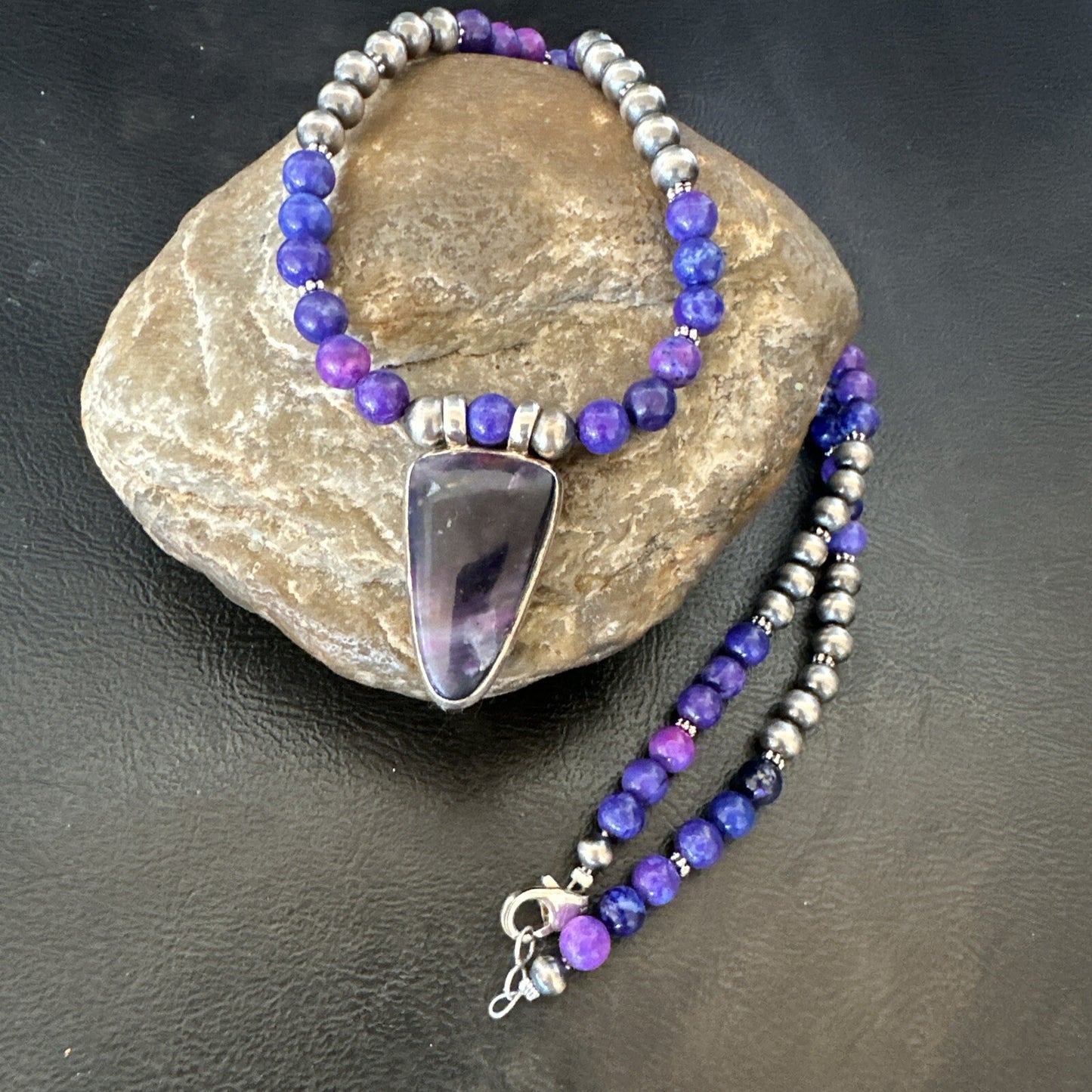 Purple Stone Pendant Navajo Pearls Sterling Silver Necklace 22” 18294