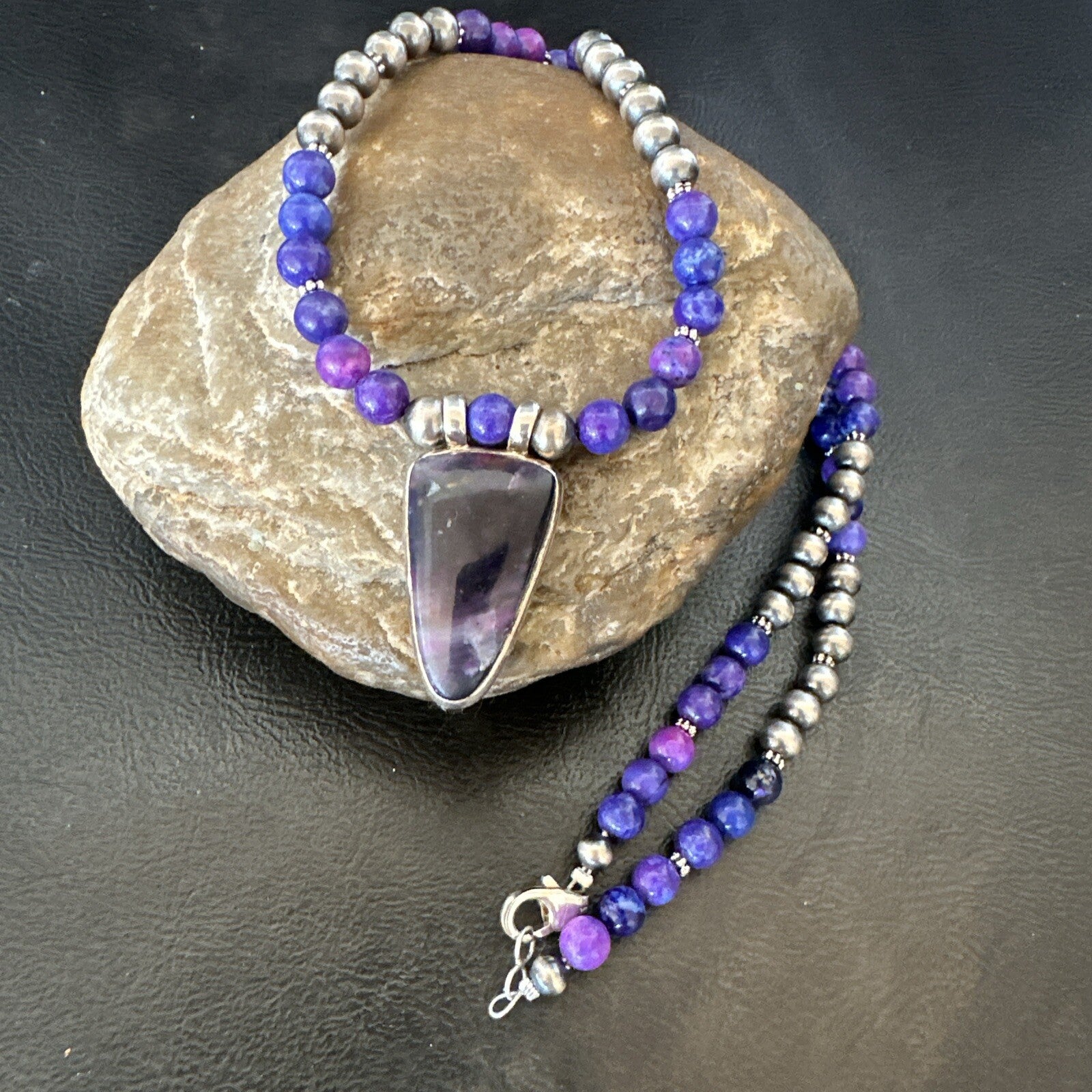 Purple Stone Pendant Navajo Pearls Sterling Silver Necklace 22” 18294
