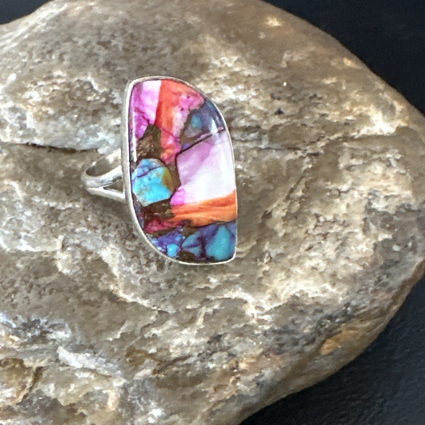 Blue Turquoise Spiny Oyster Navajo Sterling Silver Ring Size 8 18249