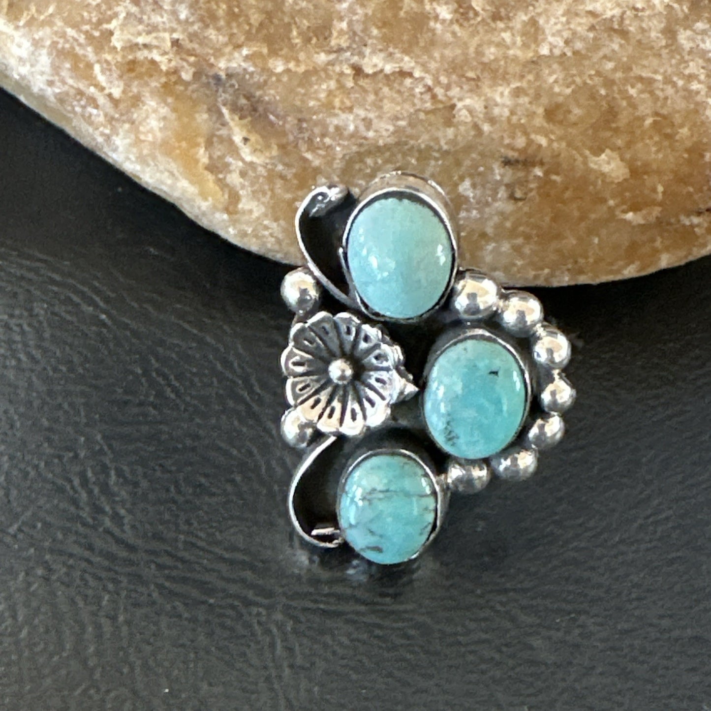 Yazzie Ring Blue Turquoise Navajo Sterling Silver Cluster Size 9 19217