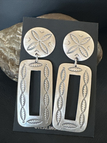 Popular Navajo Stamped Sterling Silver Stamped Handmade Earrings Set 2.75" 17858