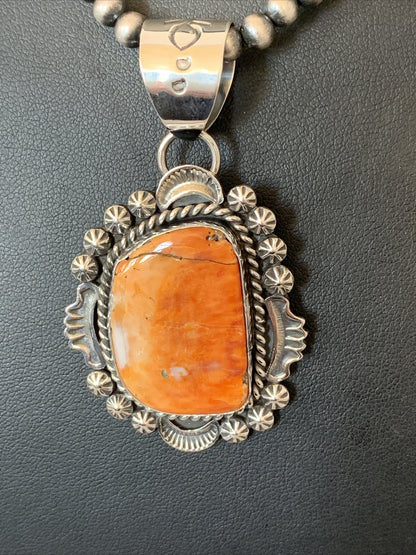 Sterling Silver Navajo Pearls Orange Spiny Oyster Pendant Necklace 00773