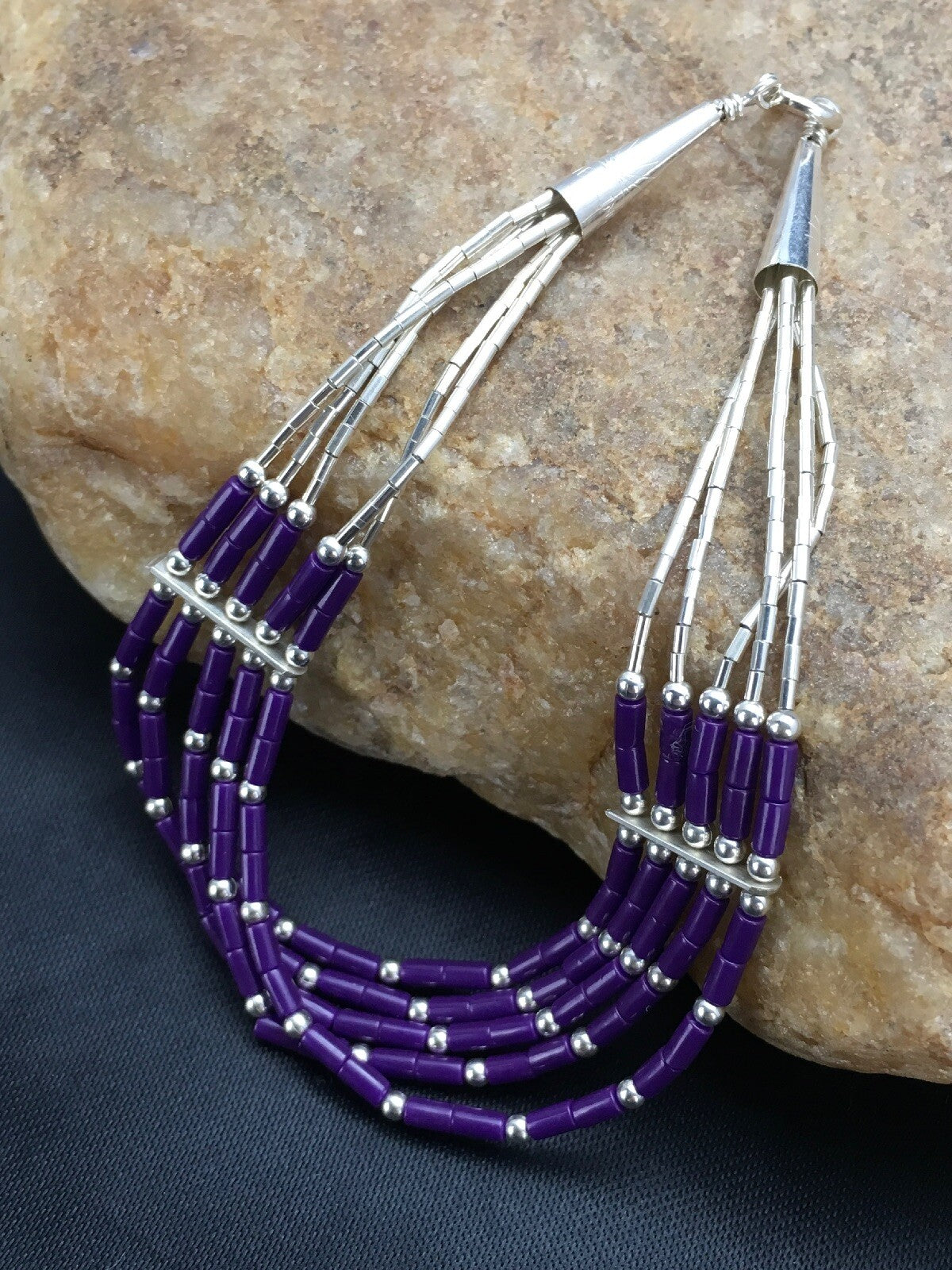 Purple Stone Heishi 5Strand Southwestern Liquid Sterling Silver Bracelet 7" 2933
