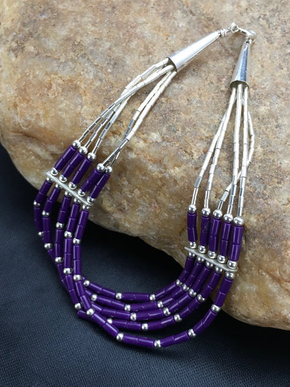 Purple Stone Heishi 5Strand Southwestern Liquid Sterling Silver Bracelet 7" 2933