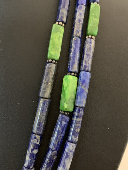 Mens Navajo Lapis Green Turquoise 3 Strands Sterling Silver 21" Necklace 8370