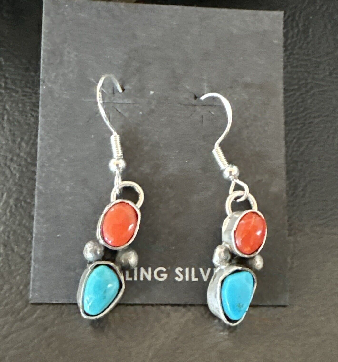 Handmade Blue Turquoise Red Coral Sterling Silver Navajo Dangle Earrings 18842