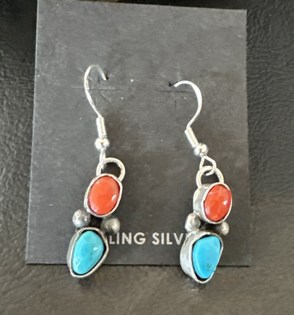 Handmade Blue Turquoise Red Coral Sterling Silver Navajo Dangle Earrings 18842
