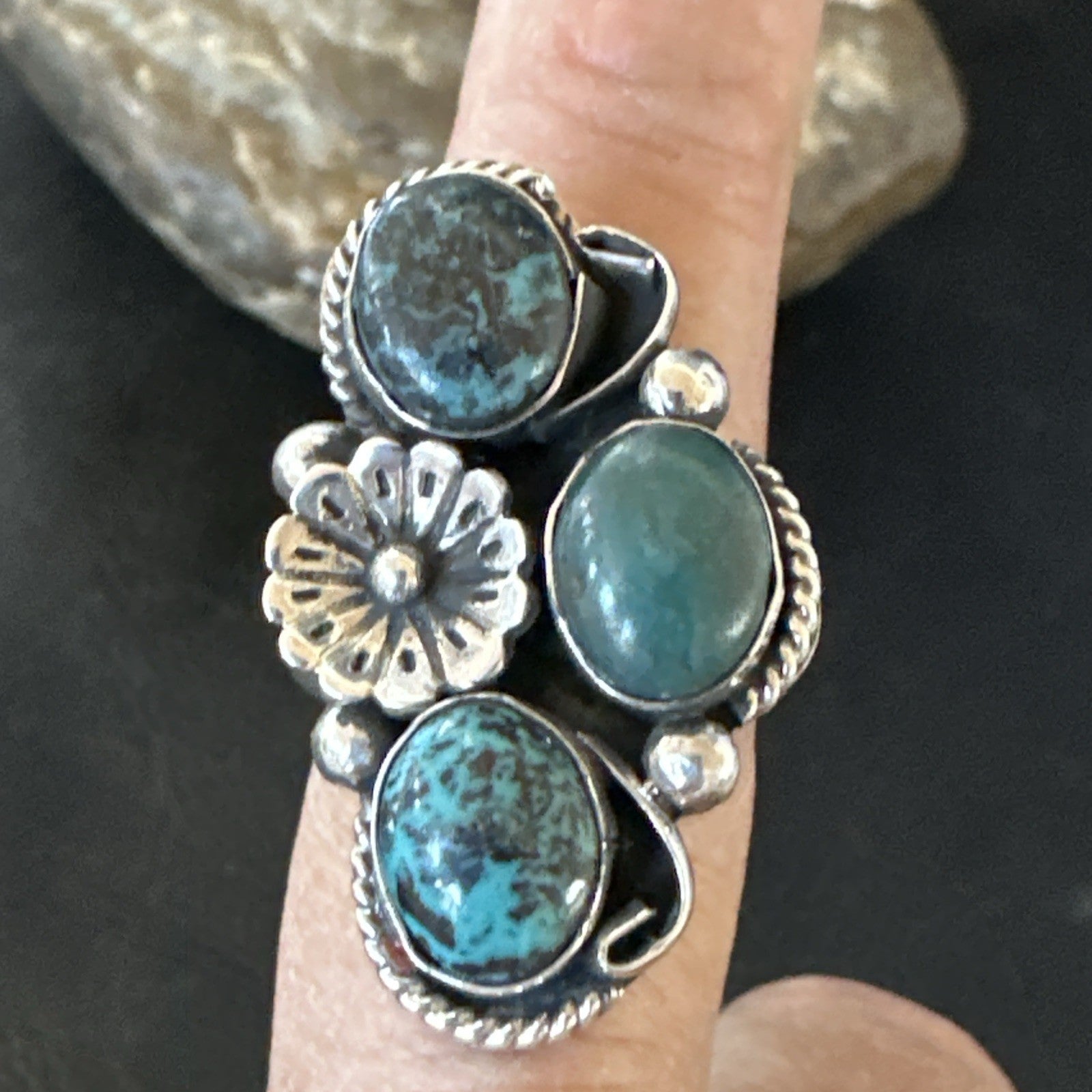 Yazzie Ring Blue Turquoise Navajo Sterling Silver Cluster Size 8.5 19238