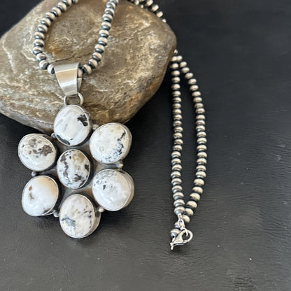 White Buffalo Turquoise Cluster Pendant Navajo Sterling Silver Necklace 19270