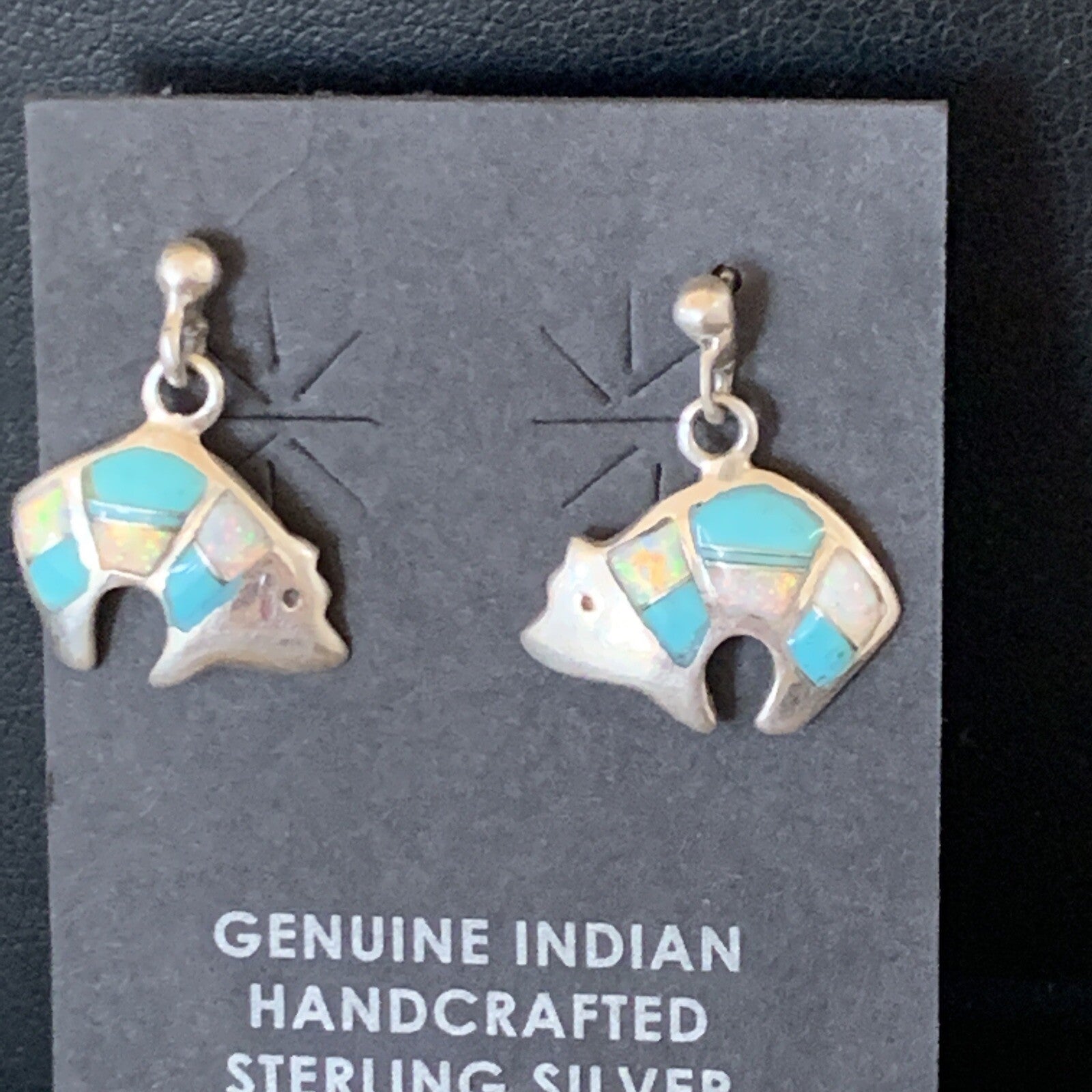 Womens Turquoise White Opal Inlay Navajo Sterling Silver Dangle Earrings 12773