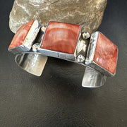 Red Spiny 3 Stone Navajo Cuff Bracelet 7.7" | Sterling Silver | Authentic Native American Handmade | 19488