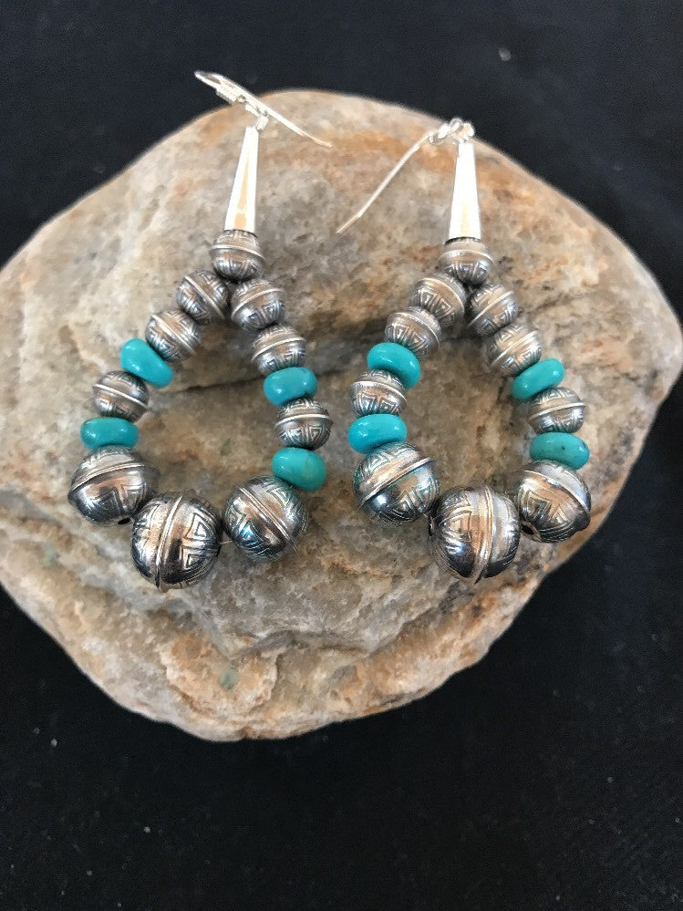 Native Sterling Silver Stamped Turquoise Bead Earrings 10090