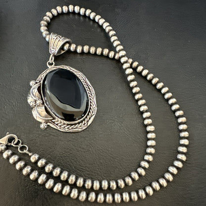Mens Womens Black Onyx Pendant Navajo Sterling Silver Beads Necklace 18305