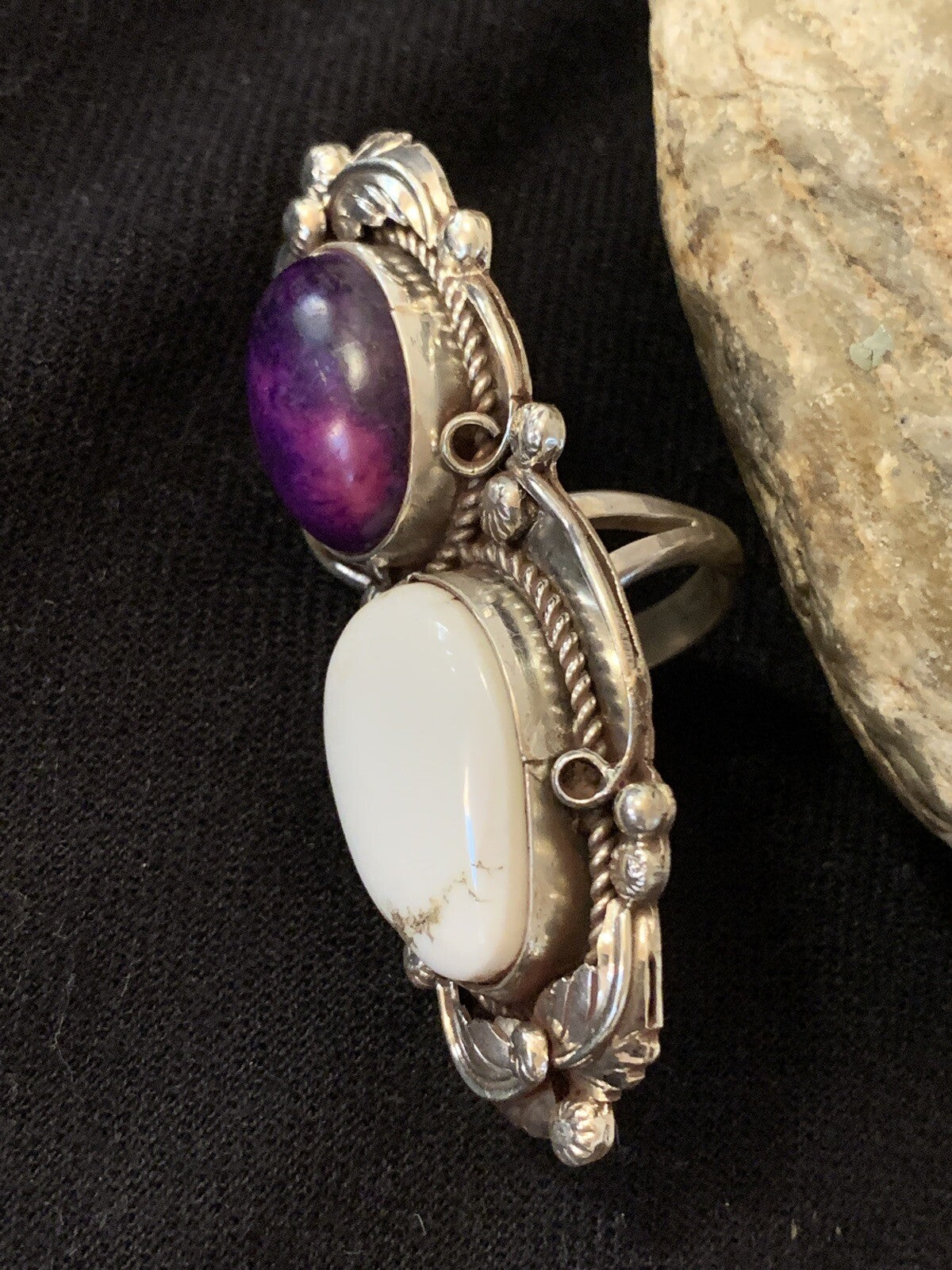 Southwestern Sterling Silver White Buffalo Purple Stone Ring Sz 8.5 00399