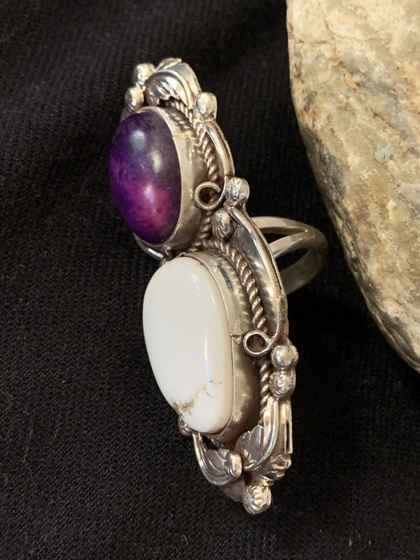 Southwestern White Buffalo Purple Stone Ring Sz 8.5 | Sterling Silver | Authentic Native American Handmade | 00399