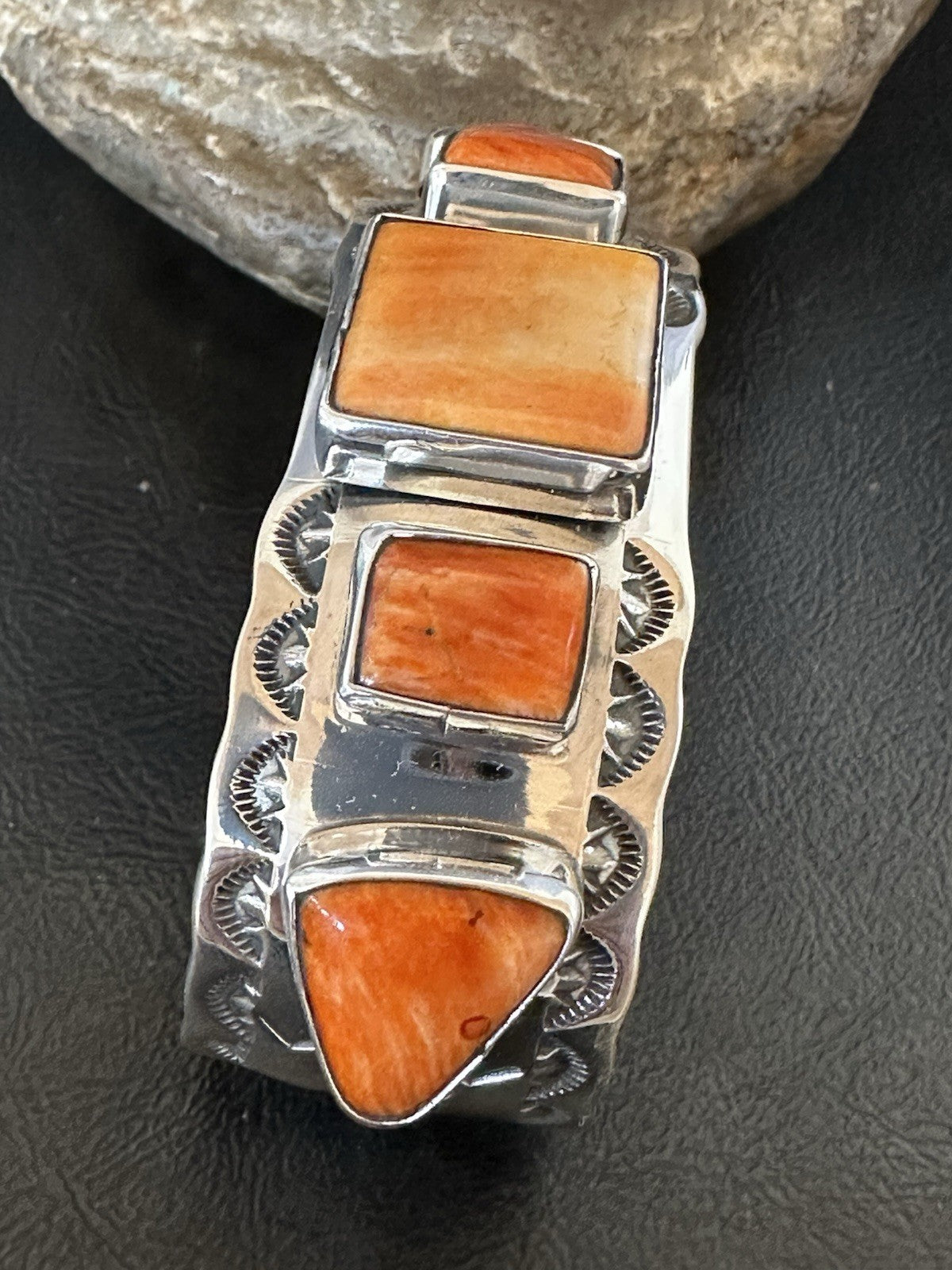 Orange Spiny Oyster 5 Stone Row Sterling Silver Navajo Cuff Bracelet 7.7" 19477