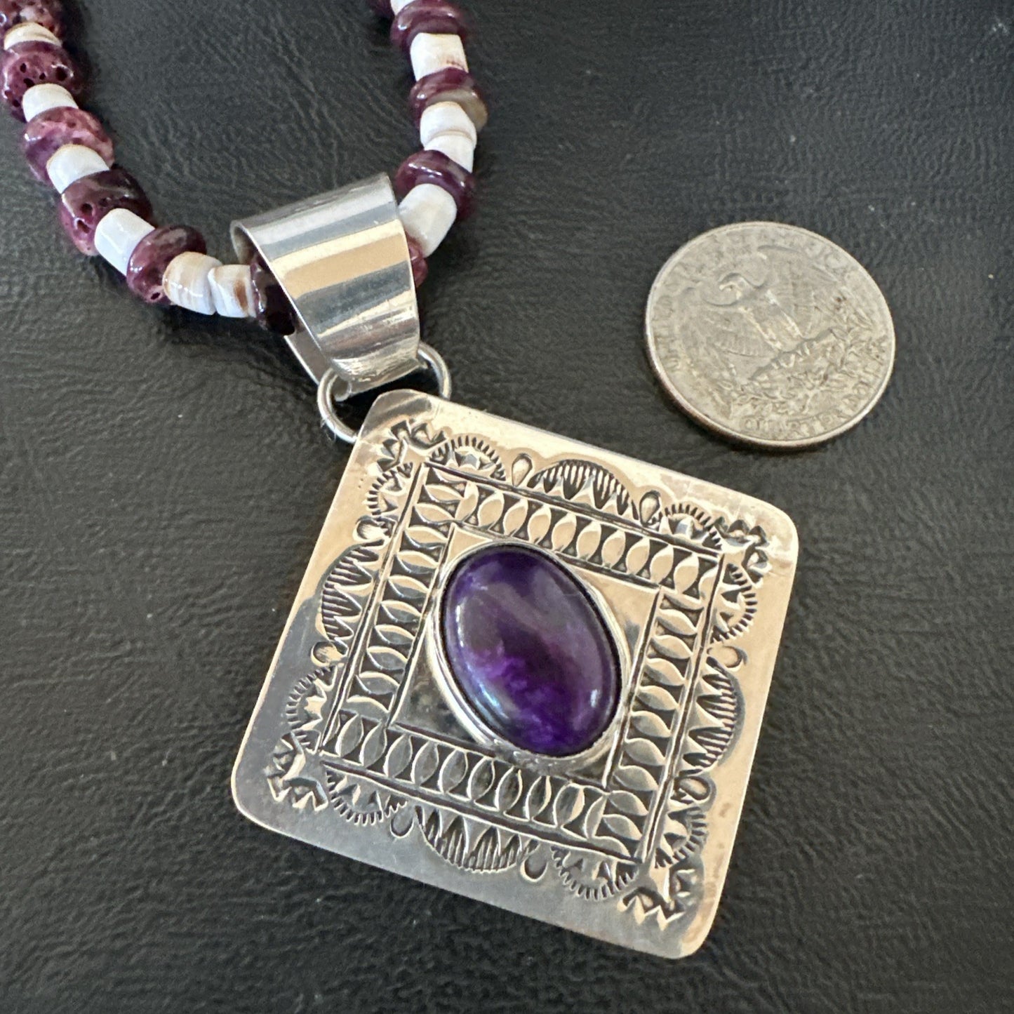 H Joe Purple Spiny Oyster Pendant Shell Sterling Silver Necklace 26” 19544