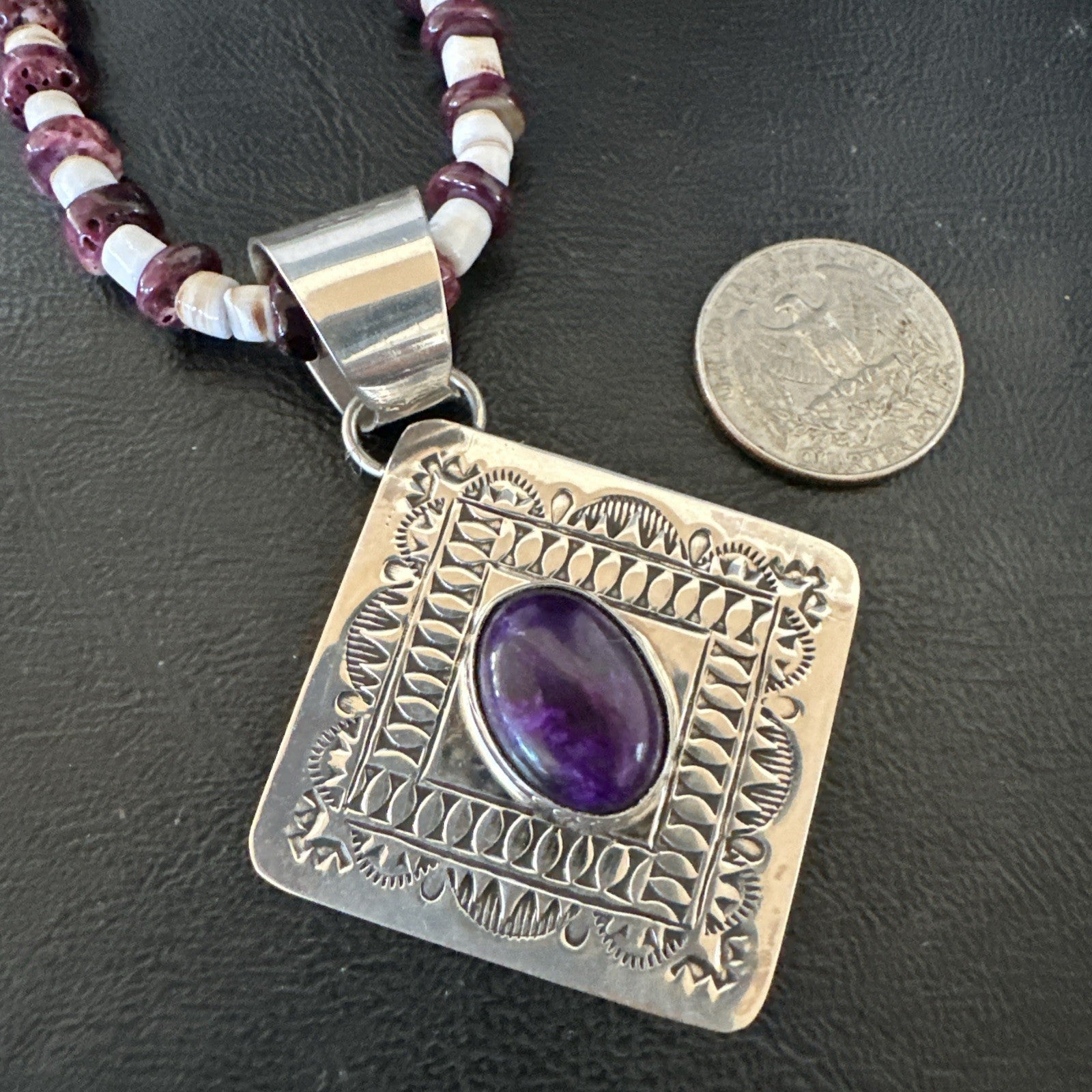 H Joe Purple Spiny Oyster Pendant Shell Sterling Silver Necklace 26” 19544