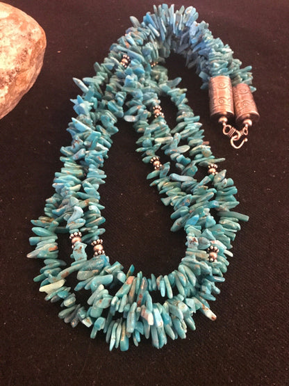 Turquoise Nugget Bead 3 Strand Stabilized Navajo Sterling Necklace 08100