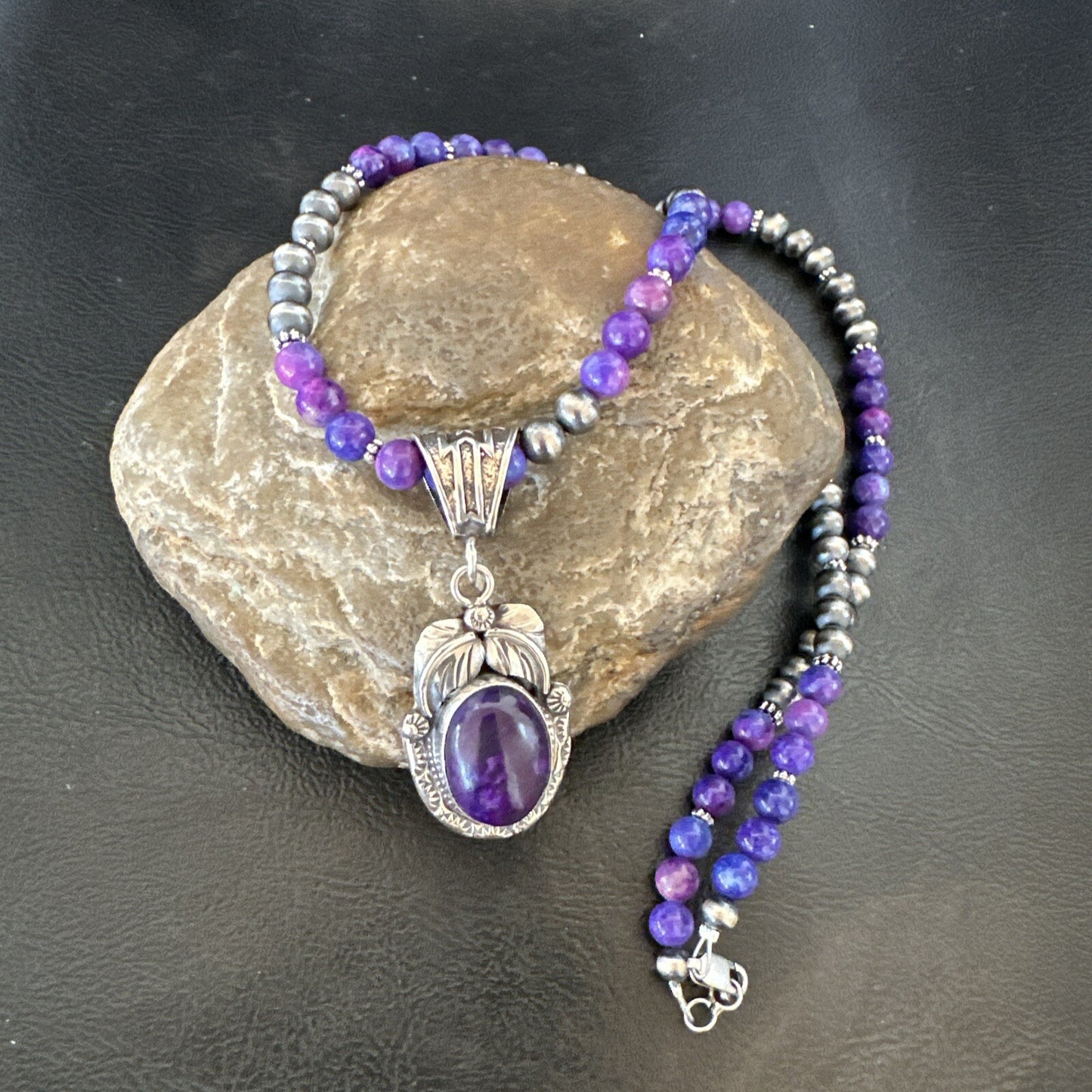 Purple Stone Pendant Navajo Sterling Silver Beads Necklace 18390