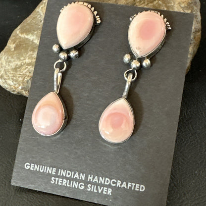 Yazzie Pink Queen Conch Navajo Sterling Silver Post Dangle Earrings 19796