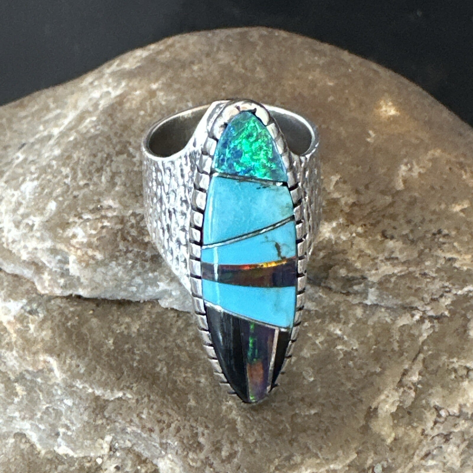 Men Navajo Multi-Color Opal Turquoise Inlay Sterling Silver Ring Size 6 18756