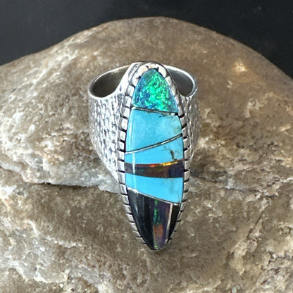 Men Navajo Multi-Color Opal Turquoise Inlay Sterling Silver Ring Size 6 18756