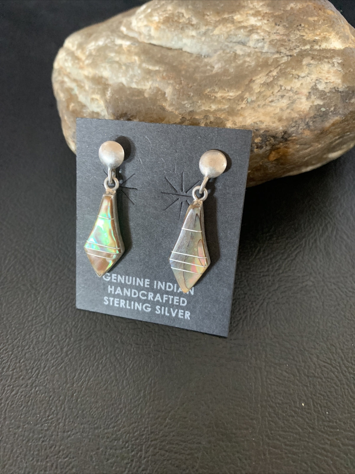 Native Minimalist Navajo Pava Shell Inlay Sterling Silver Earrings 1" 13070